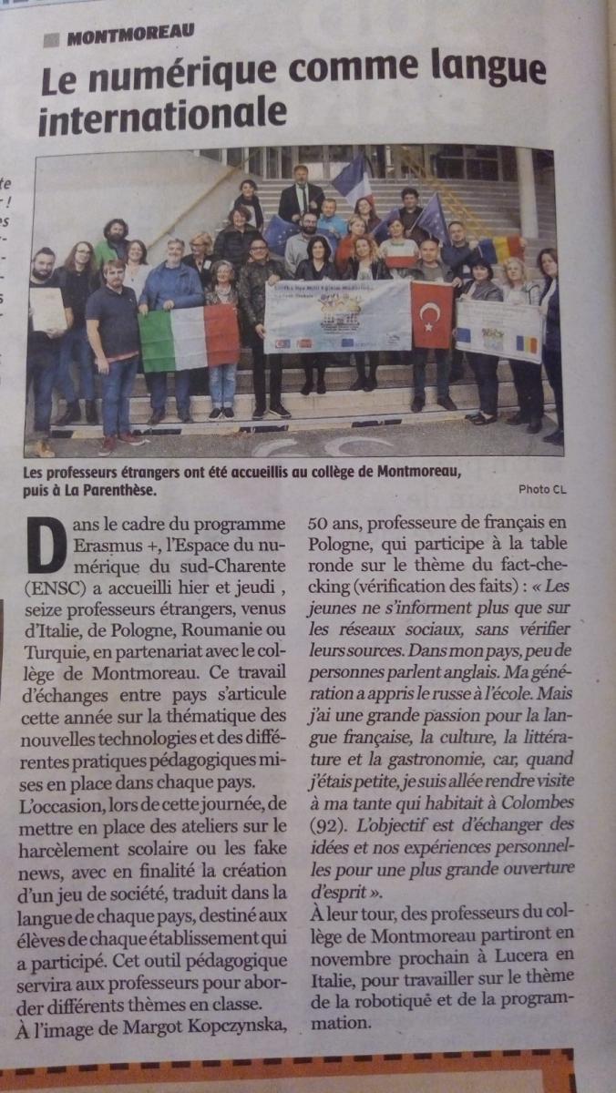 Erasmus + LTTA Francia...presso il College Delafont Montmoreau - Parigi - in Francia parlano di noi.jpeg